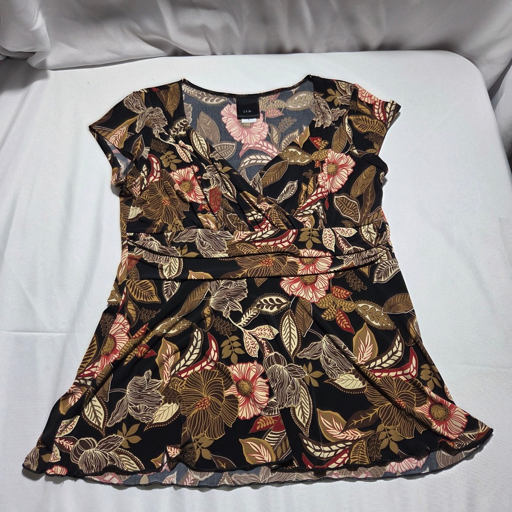 Y2k J.T.B. Floral Surplice Blouse Brown Red Black Empire Waist Stretch Top Large